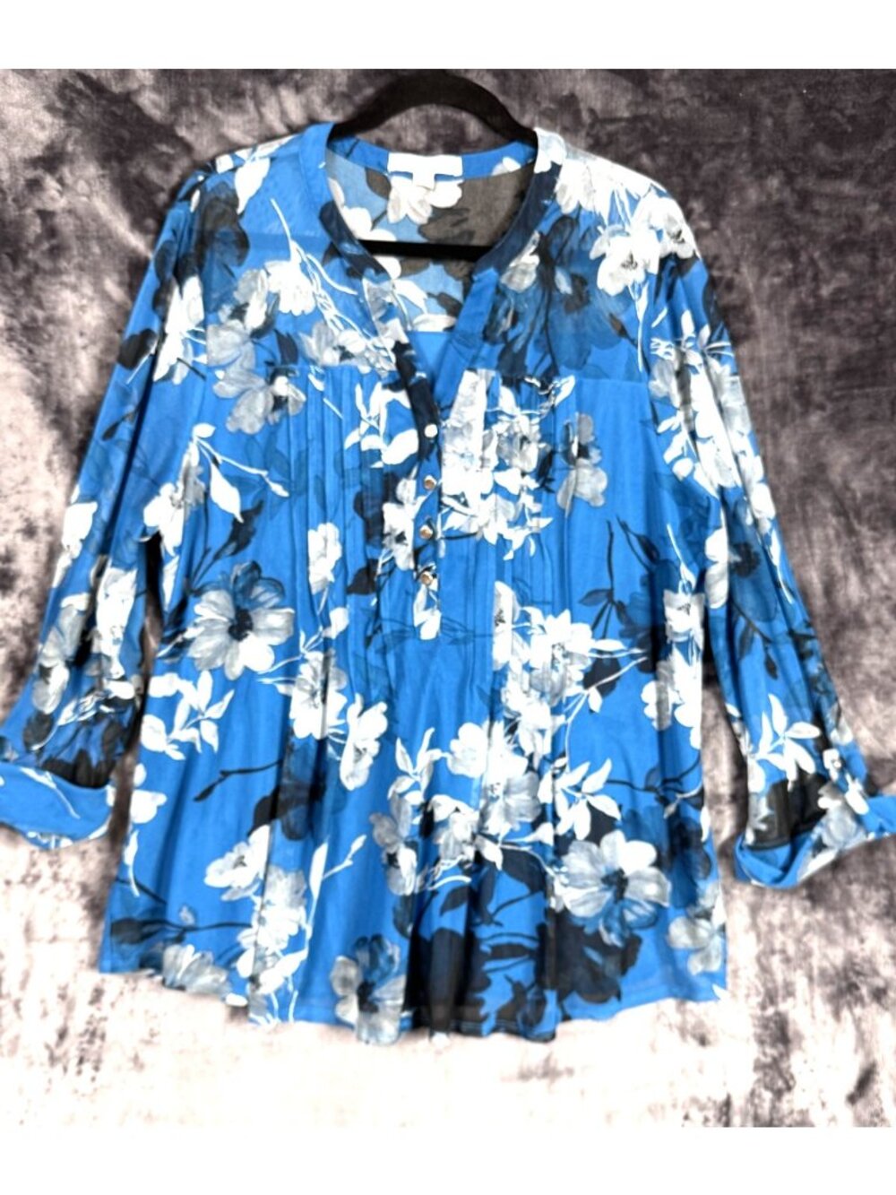 Juniper & Lime 3X Blue Floral Blouse Sheer Overlay Pleated Tunic Top Lined Boho